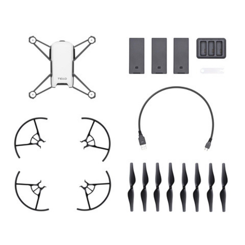 Drone DJI Tello, Três baterias, Carregador, Cabo de ligação, 4 Proteção de Hélices e 8 Hélices Drone DJI Tello, Três baterias, Carregador, Cabo de ligação, 4 Proteção de Hélices e 8 Hélices